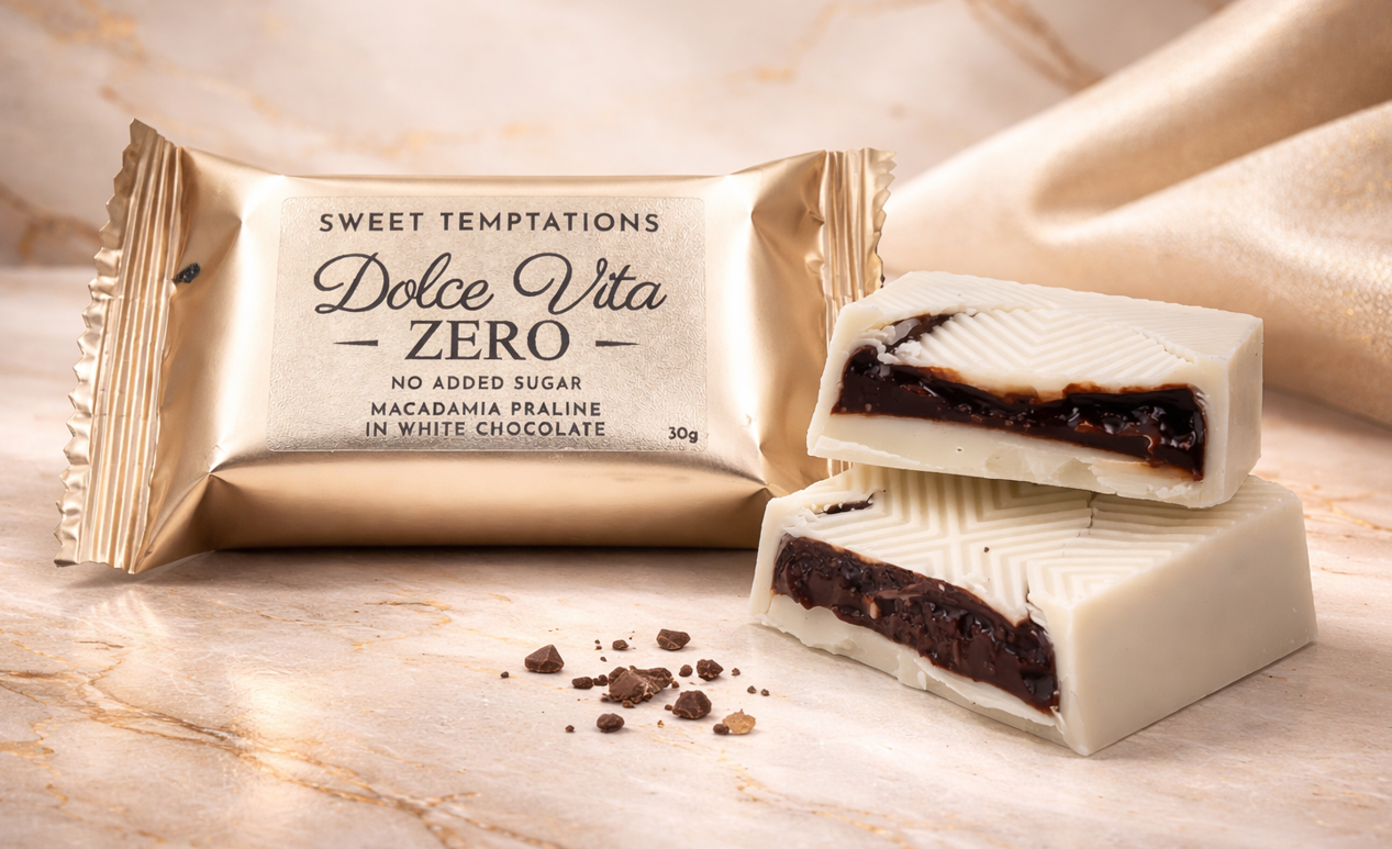 ST DV MACADAMIA PRALINE WHITE Macadamia Praline in White Chocolate (Zero Added Sugar) - Image 1